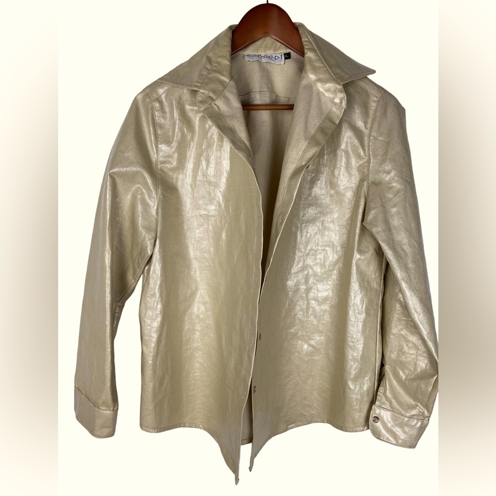 100% Waxed linen L shirt or Shacket shiny Rare concept brand  Waxy Vintage
